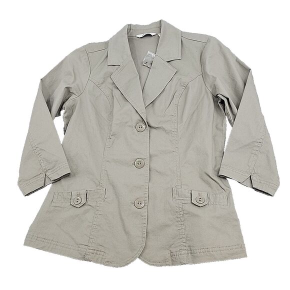 Front Jackets & Blazers - Denim & Company Stretch Twill 3/4‎ Sleeve Button Front Jacket Size 2 Tan Khaki